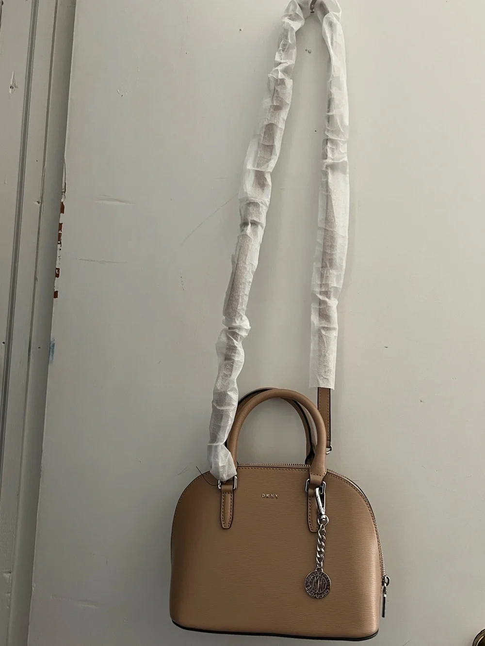 DKNY Beige Dome Satchel with Logo Charm